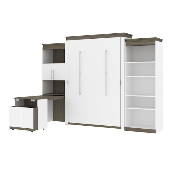 Orion 124W Queen Murphy Bed with Shelving and Fold-Out Desk (125W), White & Walnut Grey